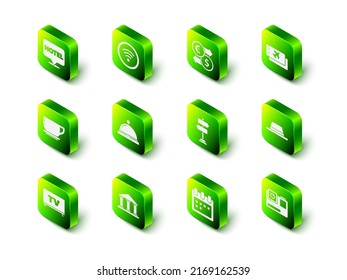 Set Wi-Fi wireless internet network, Money exchange, Airline ticket, Man hat with ribbon, Action extreme camera, Road traffic sign, Calendar and Museum building icon. Vector