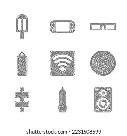Set Wi-Fi wireless internet network, Pencil with eraser, Stereo speaker, Vinyl disk, Piece of puzzle, Punching bag, Cinema glasses and Ice cream icon. Vector