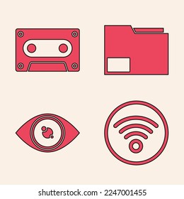 Set Wi-Fi wireless internet network, Retro audio cassette tape, Document folder and Eye icon. Vector