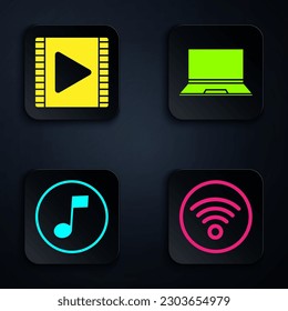 Set Wi-Fi wireless internet network, Play Video, Music note, tone and Laptop. Black square button. Vector