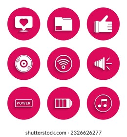 Set Wi-Fi wireless internet network, Battery charge level indicator, Music note, tone, Speaker volume, Power button, Vinyl disk, Hand like and Like heart icon. Vector