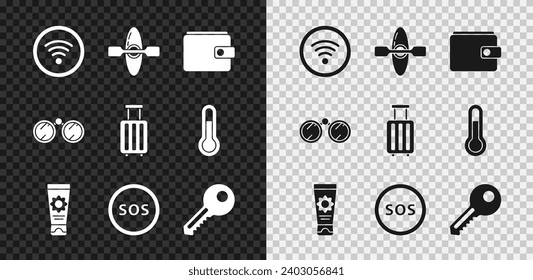 Set Wi-Fi wireless internet network, Kayak canoe, Wallet, Sunscreen cream tube, Location with SOS, Key, Binoculars and Suitcase icon. Vector