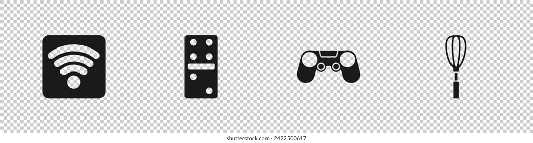 Setzen Sie Wi-Fi WLAN Internet-Netzwerk, Domino, Gamepad und Küche Whisk Symbol. Vektorgrafik