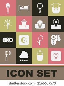 Set Wi-Fi wireless internet, Paper towel roll, Location for camping, Magnifying glass, Trash can, Torch flame, Shovel and Sunrise icon. Vector