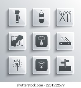 Set Wi-Fi wireless internet, Road traffic sign, Swiss army knife, Mushroom, Torch flame, Camping and hiking on map, Flashlight and Match stick icon. Vector