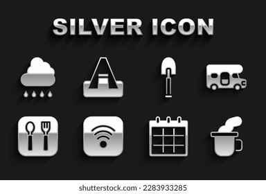 Set Wi-Fi wireless internet, RV motorhome vehicle, Cup of tea, Calendar, Fork and spoon, Shovel, Cloud with rain and Tourist tent icon. Vector