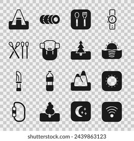 Set Wi-Fi wireless internet, Sun, Sunrise, Fork and spoon, Hiking backpack, Match stick, Tourist tent and Tree icon. Vector
