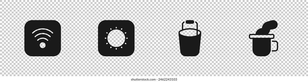 Set Wi-Fi inalámbrico de Internet, el sol, el cubo y la taza de té icono. Vector