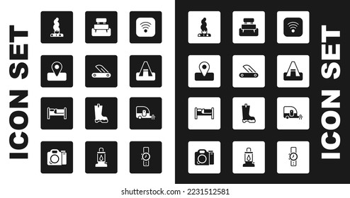 Set Wi-Fi wireless internet, Swiss army knife, Location for camping, Campfire, Tourist tent, Bench, Rv Camping trailer and Bed icon. Vector