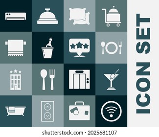 Set Wi-Fi wireless, Martini glass, Plate, fork and knife, Pillow, Champagne ice bucket, Towel on hanger, Air conditioner and Five stars rating review icon. Vector