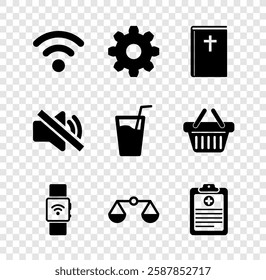 Set Wi-Fi wireless network, Cogwheel gear settings, Holy bible book, Smartwatch with, Scales of justice and Clinical record icon. Vector