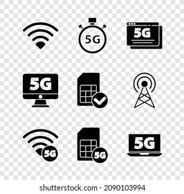 Set Wi-Fi wireless network, Digital speed meter 5G, Sim Card, Laptop with, Monitor and card icon. Vector
