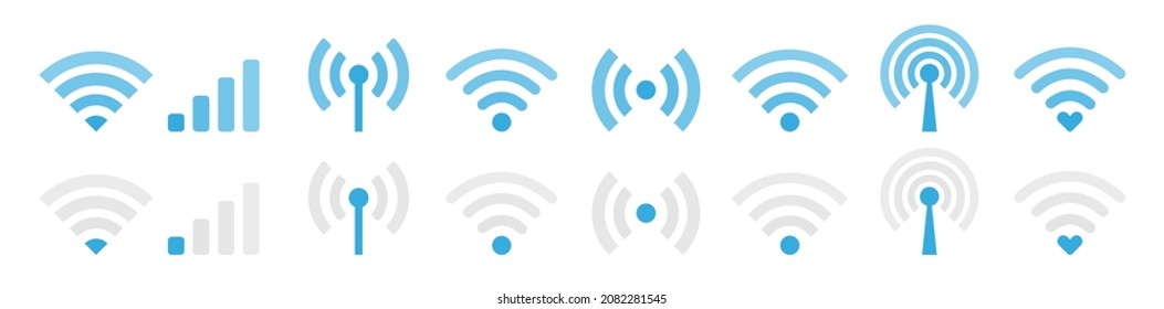 Set of Wi-Fi wireless signal icon. WiFi Zone Sign. Remote access and communication symbols. Wifi button. Vector illustration.