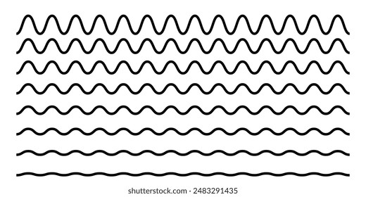 Set of wiggly horizontal lines. Scalloped borders. Sine or cosine curves. Water, fluid, air or wind symbols. River, sea, lake or ocean signs isolated on white background. Vector graphic illustration.