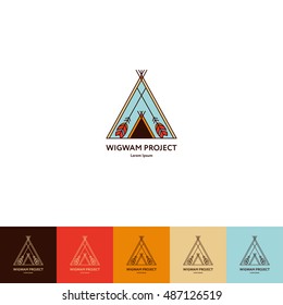 Set of wigwam logo. Colorful and line style. Indian teepee with ornamental elements. Boho elements. Vector illustration