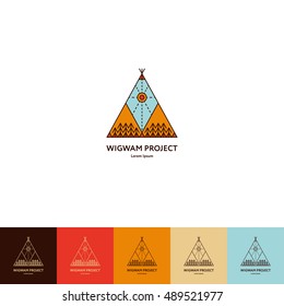 Set of wigwam logo. Colorful and line style. Indian teepee with ornamental elements. Boho elements. Vector illustration