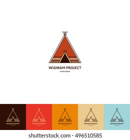 Set of wigwam logo. Colorful and line style. Indian teepee with ornamental elements. Boho elements. Vector illustration