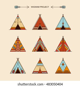 Set of wigwams with ornamental elements. Line style. Boho elements. Vector illustration.