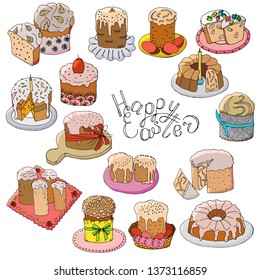 Set wiht Easter cakes isolated on white. Soft color, contour, hand draw. Lettering phrases included.