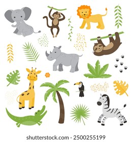 A set of wild African animals - giraffe, elephant, zebra, rhinoceros, toucan, monkey, sloth, lion, crocodile. Children's flat vector illustrations isolated on a white background.