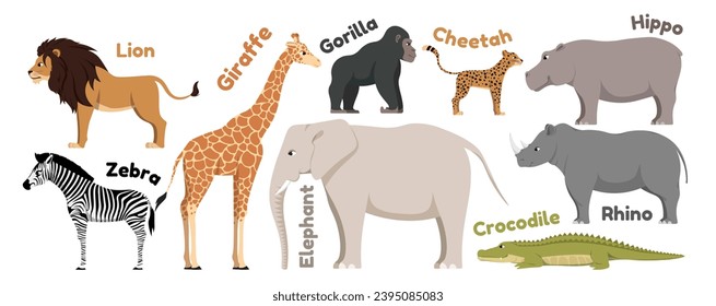 Set of wild African animals. Stickers or icons with lion, gorilla, giraffe, hippo, elephant and cheetah. Savannah or jungle inhabitants. Cartoon flat vector illustrations isolated on white background