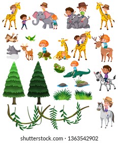 Set of wild animal and children illustration