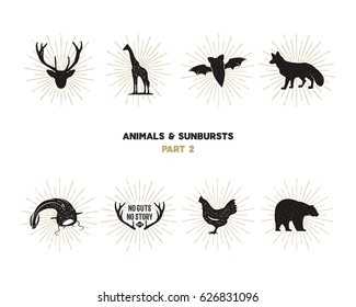 Set of wild animal figures and shapes with sunbursts isolated on white background. Black silhouettes giraffe, chicken, fox, deer, catfish and bat . Use as icons or in logo designs. Vector pictograms.