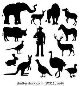 Set of wild animal with hunter. Vector black silhouettes on white background
