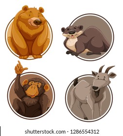 Set of wild animal on sticker template illustration