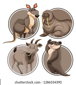 Set of wild animal on sticker template illustration