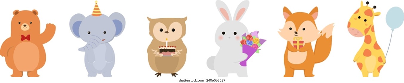 set of wild animal wear birthday accessories vector illustration, cute animal set for kids illustration, African animal, mammals
