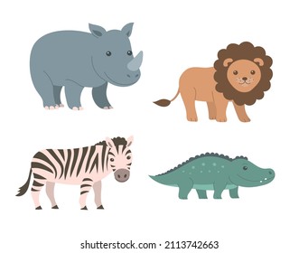 Set of wild animals of Africa on a white background. Rhinoceros, lion, zebra and crocodile. Zoo and safari. Children cartoon vector illustration