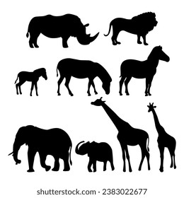 set of wild animals of Africa, silhouettes of savannah animals, silhouette of a lion, giraffe, elephant, zebra