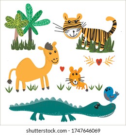 Set  wild animals  African. Hand drawn flat color illustrations. sketch drawings. Lion, crocodile, tiger, camel, bird . Cartoon  characters. Funny cartoon cliparts collection