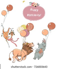 set with wild animals with balloons
