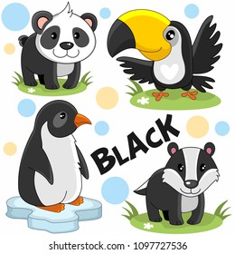 A set of wild animals and birds of black color for children and design. The image of the characters penguin, toucan, panda and badger.