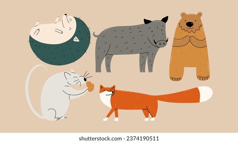 Set of wild animals. Boar, fox, hedgehog, bear, mouse. Hand draw illustration