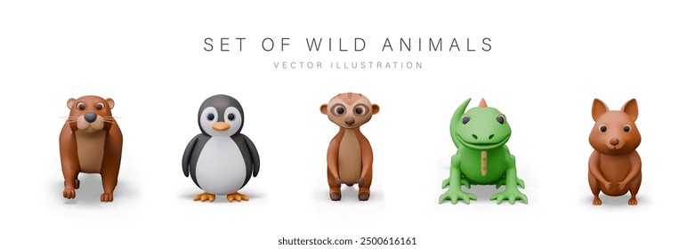 Set of wild animals in cartoon style, front view. 3D otter, penguin, meerkat, iguana, quokka