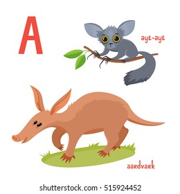 Set of wild animals in cartoon style, vector illustration of aardvark and aye-aye isolated on white background. Cute zoo alphabet. Letter A.