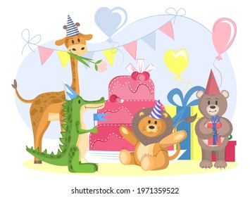 set of wild animals celebrate birthday. cute cartoon animals in flat style. vector illustration isolated on white background. party of animals in cone hats with gifts and cake. 