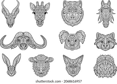 Set of wild animals. Coloring Book for adults. Colouring pictures with animals. Tatoo. Antistress freehand sketch drawing with doodle and zentangle elements.