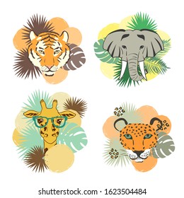 Set of wild animals - elephant, tiger, giraffe and leopard. African safari illustration.