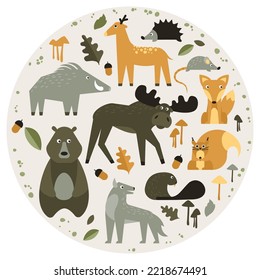 Set of wild animals from European forests. Cute kawaii, elk, bear, boar, fox, etc. Vector illustration in a childish style in the form of a circle. Can be used to decorate school or zoo.