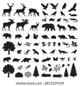 Set of wild animals and forest nature elements silhouettes as black vector icons with silhouette wildlife collection isolated