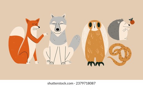  Set of wild animals. Fox, wolf, owl, snake, hedgehog. Hand draw illustration