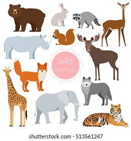 Conjunto de animales salvajes jirafa, elefante, rinoceronte, tigre, cebra linda, zorro, conejo, ardilla, alce, lobo, oso, gerenuk, antílope, mapache aislado en fondo blanco. Ilustración del vector