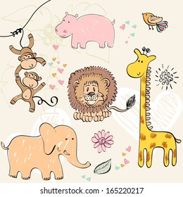 set of wild animals. Hand drawn illustration