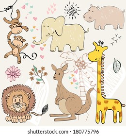 set of wild animals. Hand drawn illustration