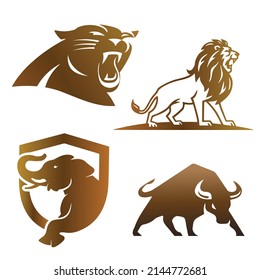 Set of wild animals icons, Panther, Lion, Elephant, Bull, monogram, lion symbol, lion icon, bull vector, elebhant illustration, black panther Logo Vector