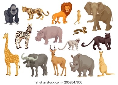 Set of wild animals, inhabitants of the African savannah. Predators, mammals, reptiles. Cartoon characters on a white background. Stylized vector graphics.